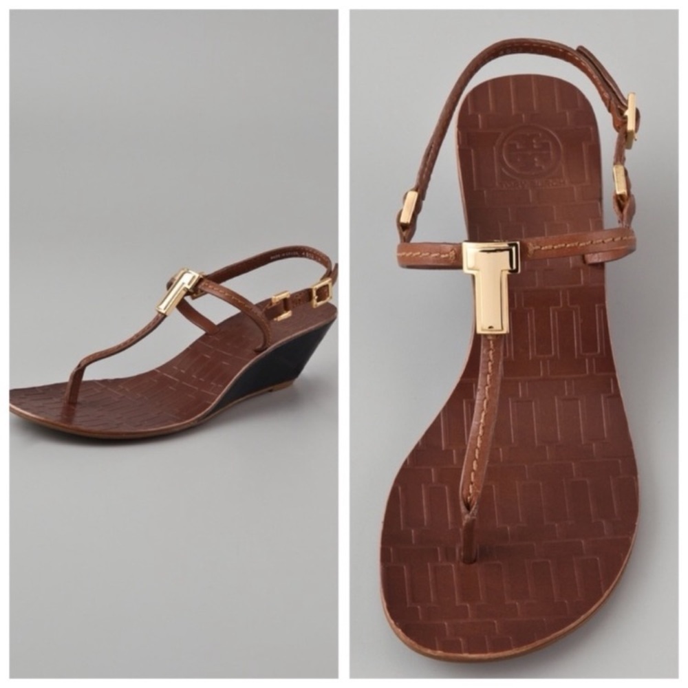 Tory Burch Brown Leather T-Strap Wedge Sandals with Gold Hardware
